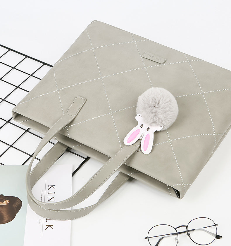 Elegant Laptop Case for Women with Handle, Charger Pouch & Bunny Fur Ball Charm