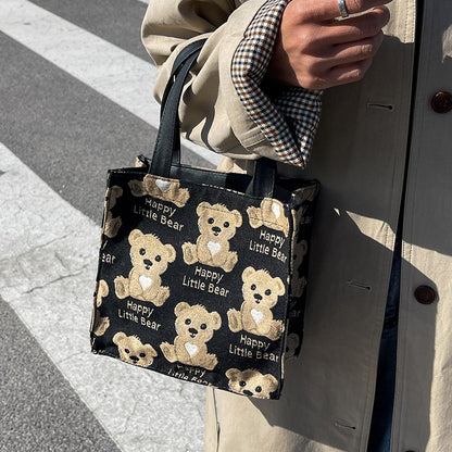 Cute Mini Canvas Tote Bag for Women with Small Teddy Bear Design