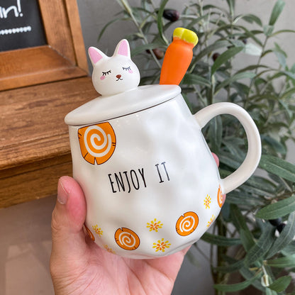 Cute Rabbit Bone China Mug with Lid – Fun Carrot Design