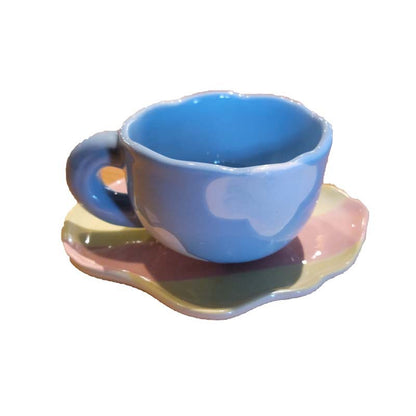 Hand-Painted Blue Sky and Cloud Porcelain Coffee Cup & Saucer Set