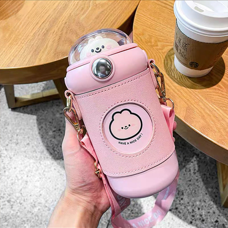 Cute Dome 3D Animal Cap Crossbody Water Bottle with Flip Top & Push Button Straw