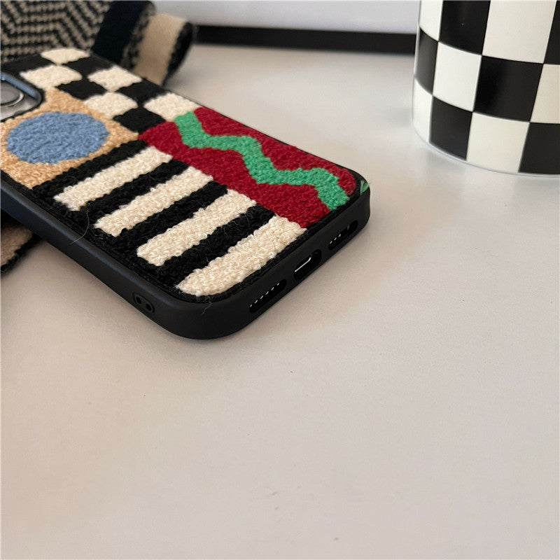 Plush Geometric Checkerboard Phone Case in Colorful Textured Design