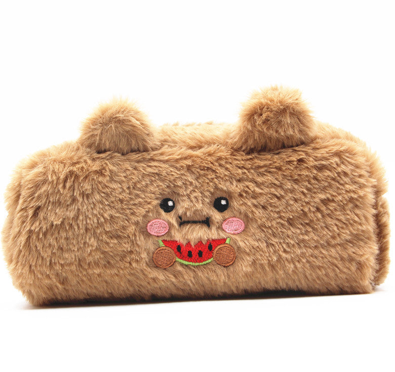 Cute Plush Rabbit & Bear Cartoon Pencil Case with Soft Fur Design