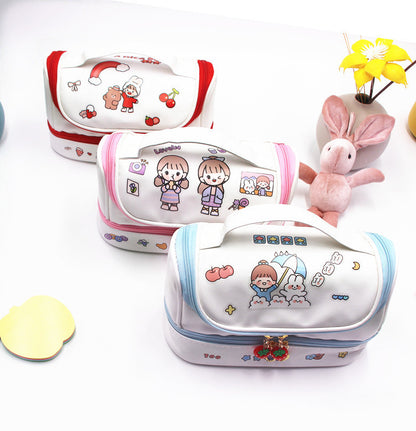 Cute Double-Layer Large Cosmetic Bag with Cartoon Print Design