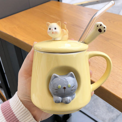 Cat-Themed Ceramic Coffee Mugs with Lid, Spoon and Straw