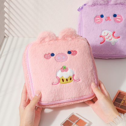 Cute Plush Animal Square Makeup Bags with Bear, Cat, Rabbit, & Pig Design