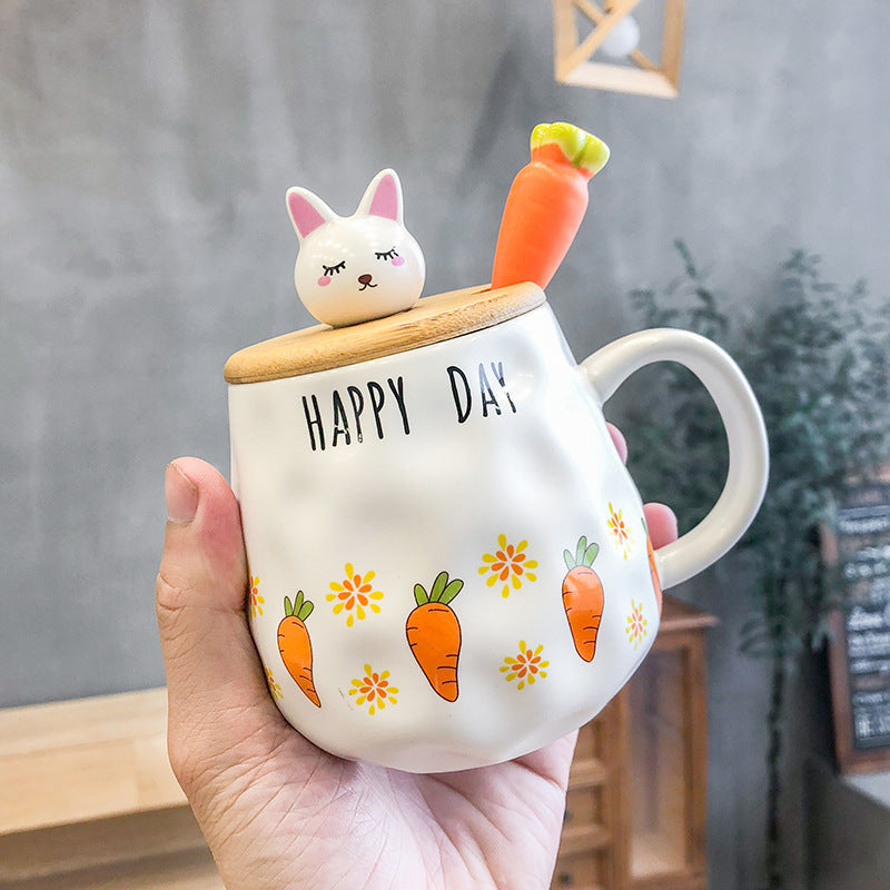 Cute Rabbit Bone China Mug with Lid – Fun Carrot Design