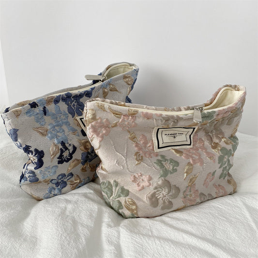 Small Square Zipper Floral Cosmetic Bag with Textured Design