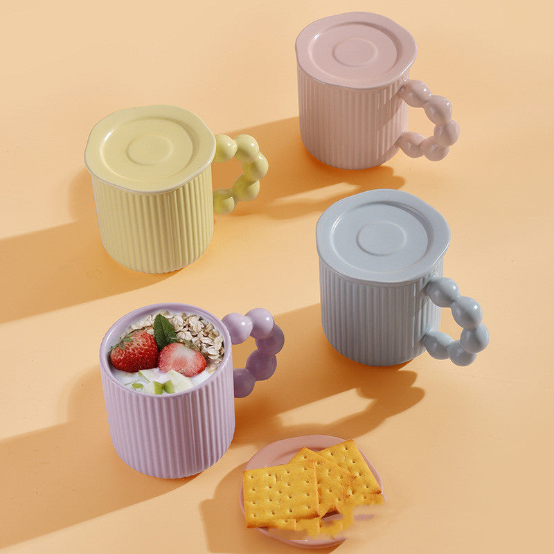 Modern Ceramic Mugs with Bubble Handle in Blue, Pink, Yellow, Purple Colour