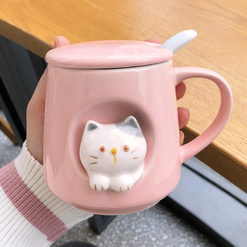 Cat-Themed Ceramic Coffee Mugs with Lid, Spoon and Straw