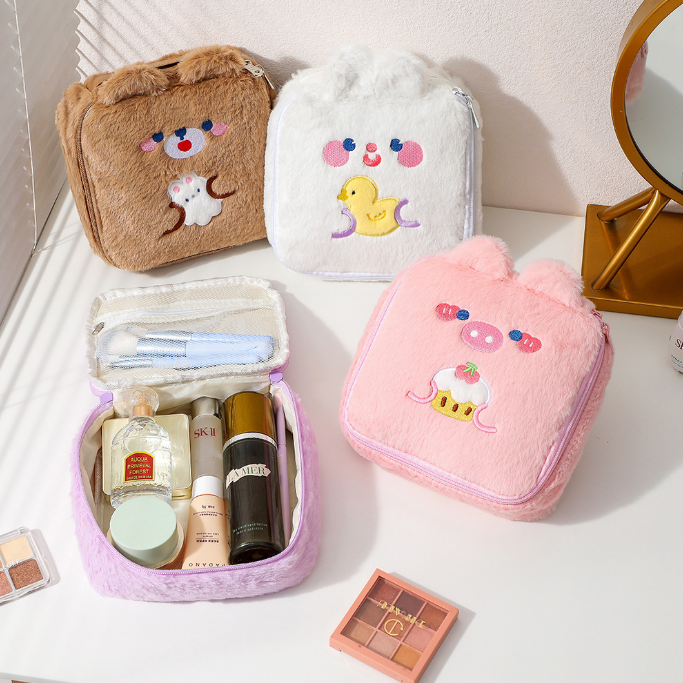 Cute Plush Animal Square Makeup Bags with Bear, Cat, Rabbit, & Pig Design