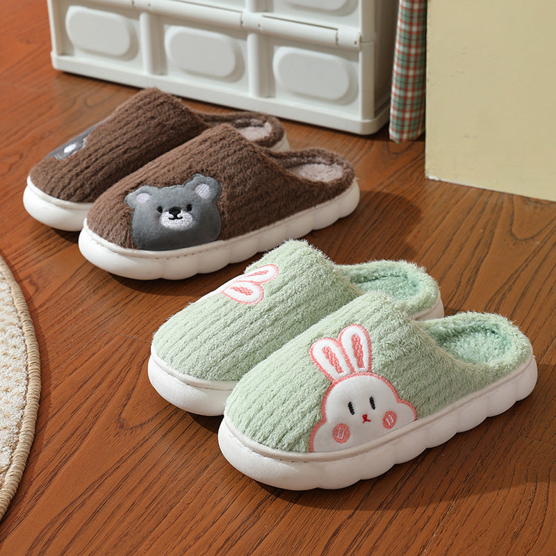 Cute Bear & Rabbit Plush Winter Slippers for Women – Thick Sole