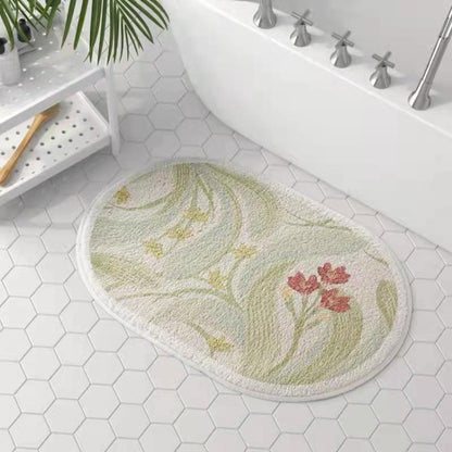 Elegant Oval Floral Bathroom Mat - Absorbent, Non-Slip & Washable