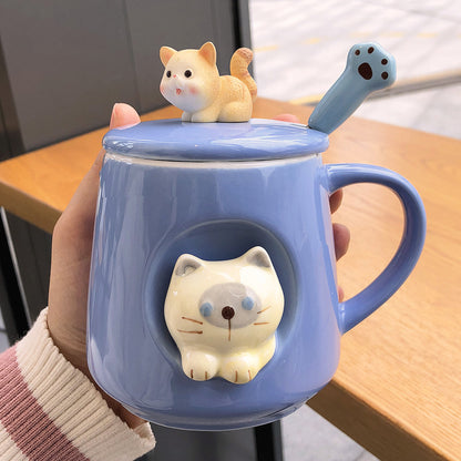 Cat-Themed Ceramic Coffee Mugs with Lid, Spoon and Straw