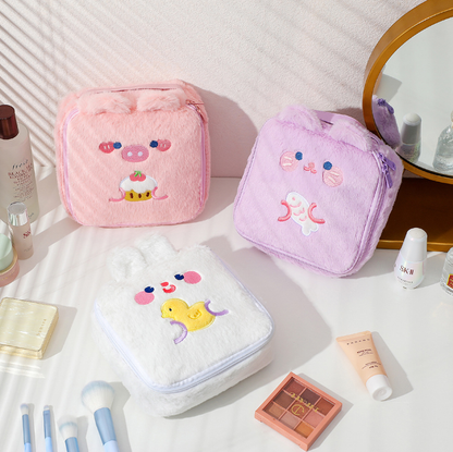 Cute Plush Animal Square Makeup Bags with Bear, Cat, Rabbit, & Pig Design