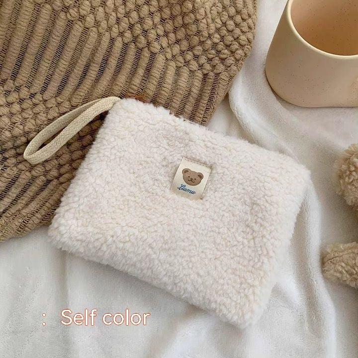 Cute Plush Small Makeup Bags in Soft Brown, Beige, and White Color