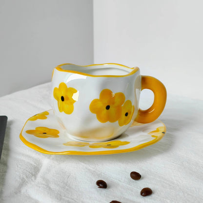 Retro Pinch Porcelain Cups with Plaid & Floral Tea Cups and Saucer Set