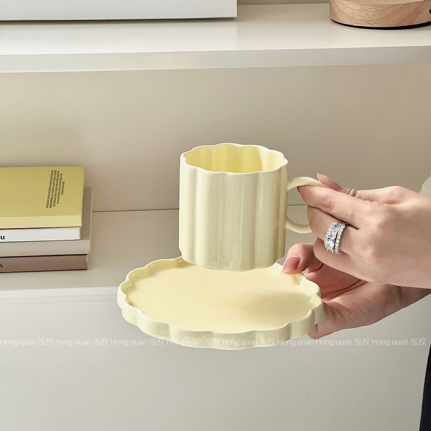 Scalloped Modern Ceramic Cup and Saucer Set in Blue, White, Yellow Color