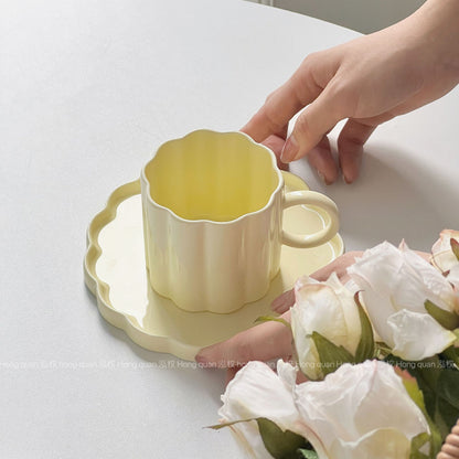 Scalloped Modern Ceramic Cup and Saucer Set in Blue, White, Yellow Color