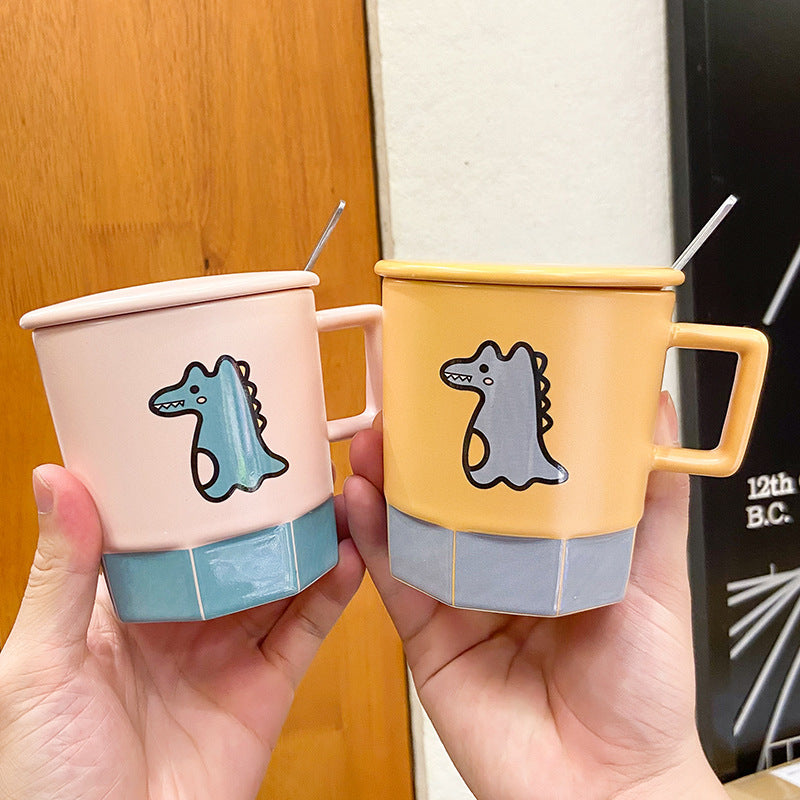 Cute Dinosaur Ceramic Mugs with Lid – Playful Pink & Yellow Variants