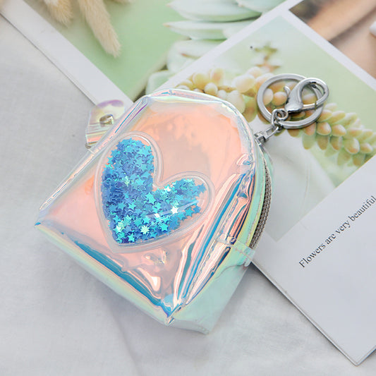 Cute Holographic Heart Coin Purse Keychain with Colorful Glitter & Zipper Design