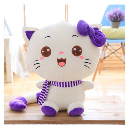 Cute Large Cat Plush Toy Set with Pink-Purple Scarf & Bow