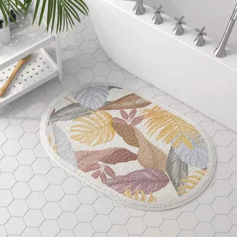 Elegant Oval Floral Bathroom Mat - Absorbent, Non-Slip & Washable