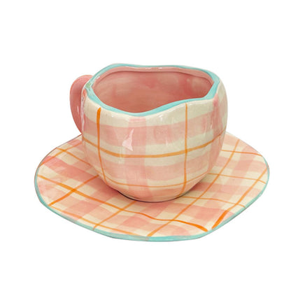 Retro Pinch Porcelain Cups with Plaid & Floral Tea Cups and Saucer Set