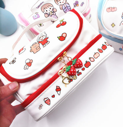 Cute Double-Layer Large Cosmetic Bag with Cartoon Print Design