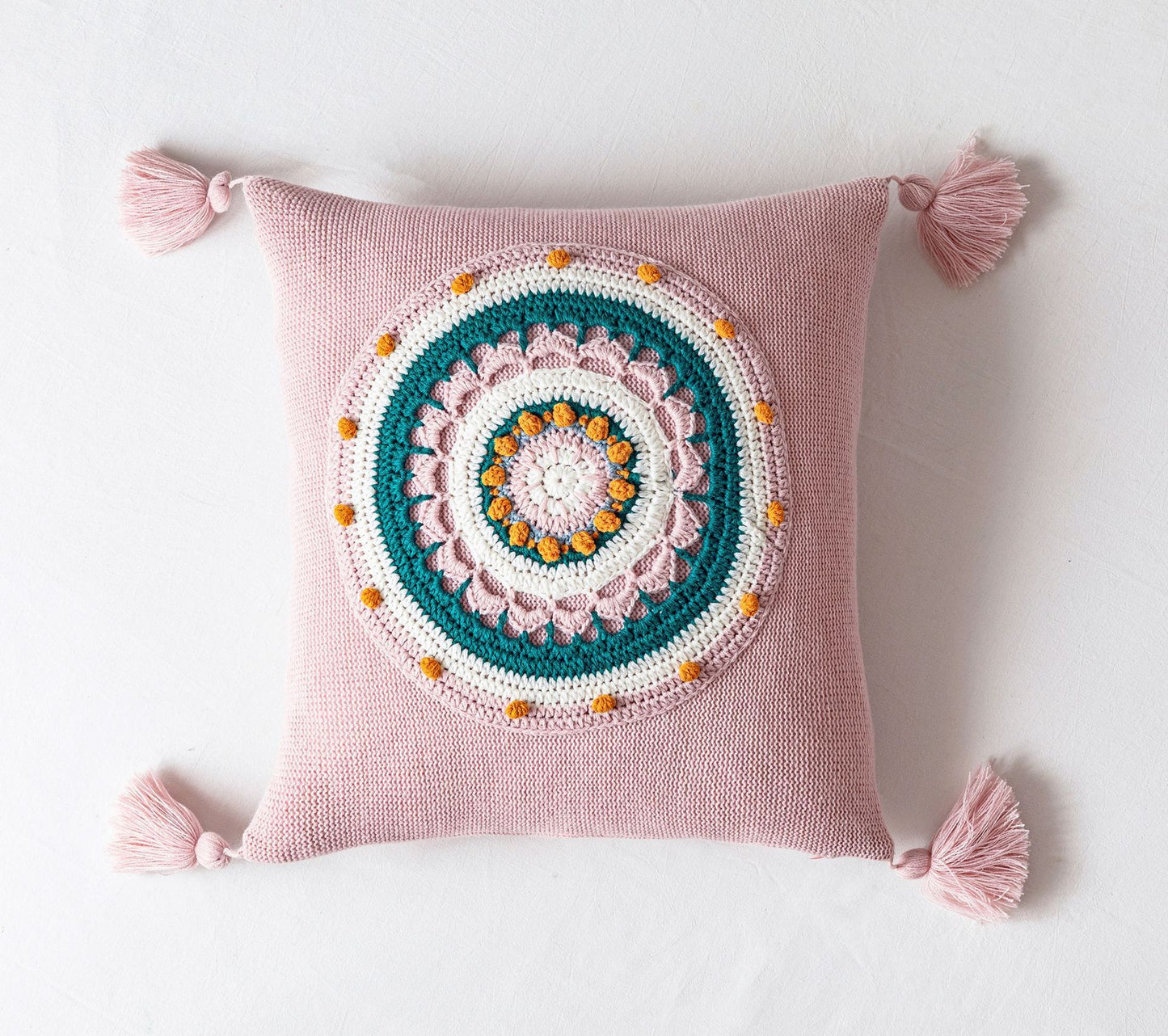 Knitted Mandala Pillow Covers with Tassels – Pink, Green, Blue, Yellow