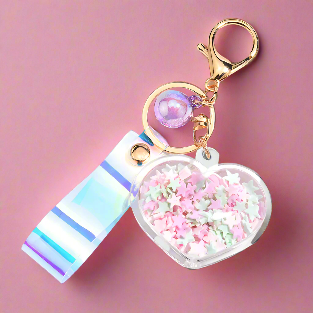 Cute Heart Keychain with Pastel Star Fill & Iridescent Strap