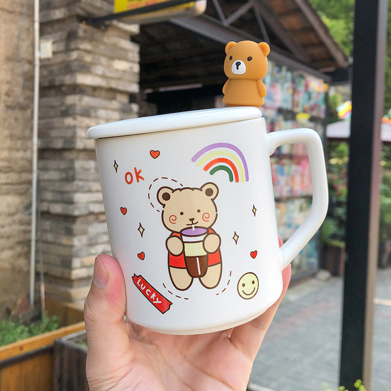 Adorable Bear Ceramic Coffee Mugs with Lid and Spoon