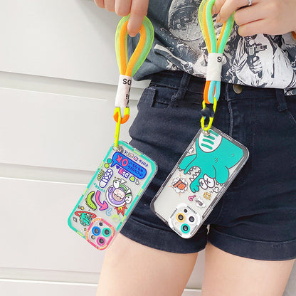 Cute Korean Cartoon TPU Phone Case with Lanyard – Graffiti Monster Design