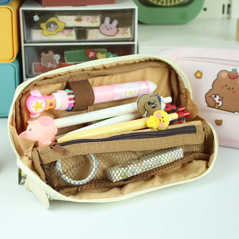 Large Capacity Soft Canvas Pencil Case with Cute Bear & Strawberry Designs