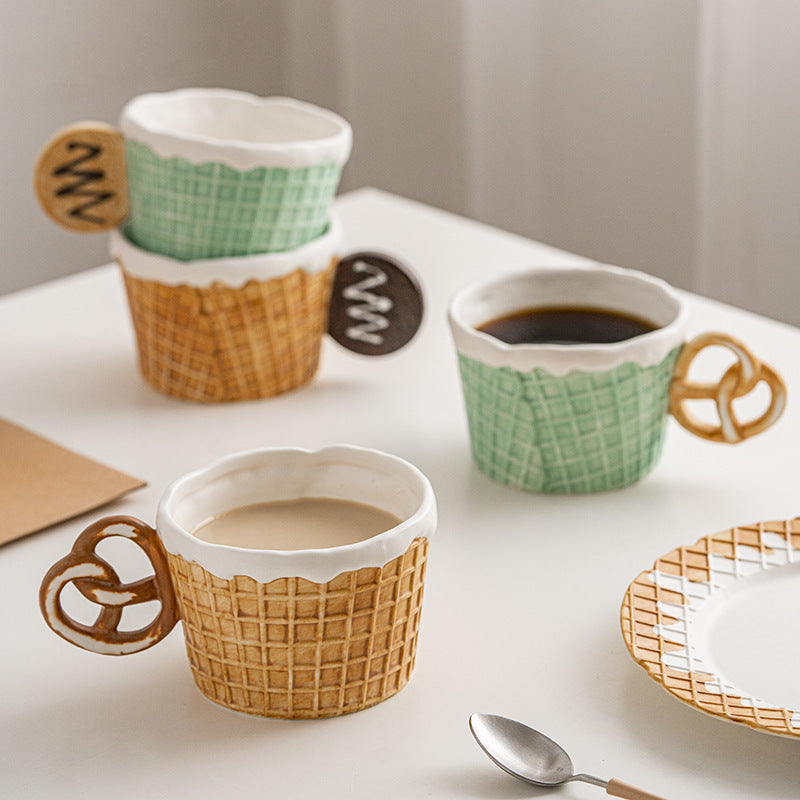 Ice Cream Waffle-Themed Creative Ceramic Mugs and Plates Set