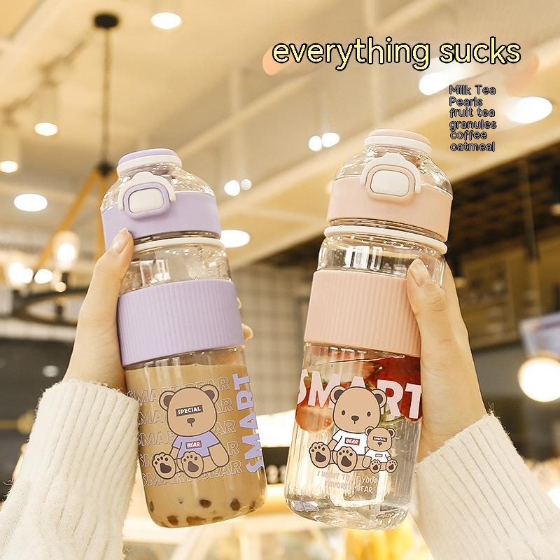 Cute & Transparent Bear Large Water Bottle with Straw & Flip Top – 1100ML