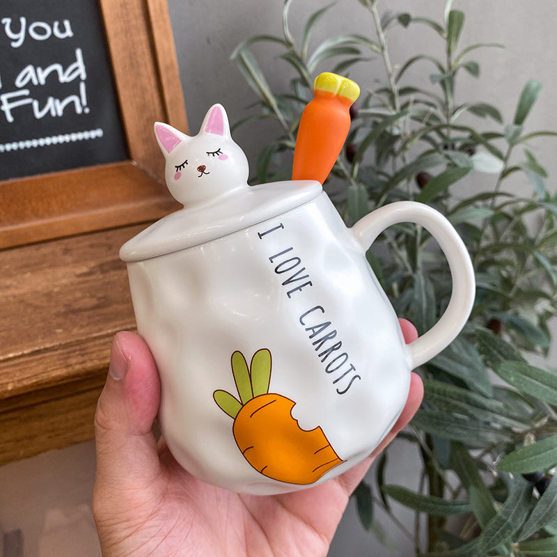 Cute Rabbit Bone China Mug with Lid – Fun Carrot Design