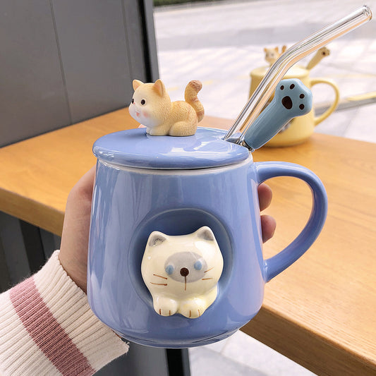 Cat-Themed Ceramic Coffee Mugs with Lid, Spoon and Straw