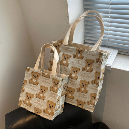 Cute Mini Canvas Tote Bag for Women with Small Teddy Bear Design