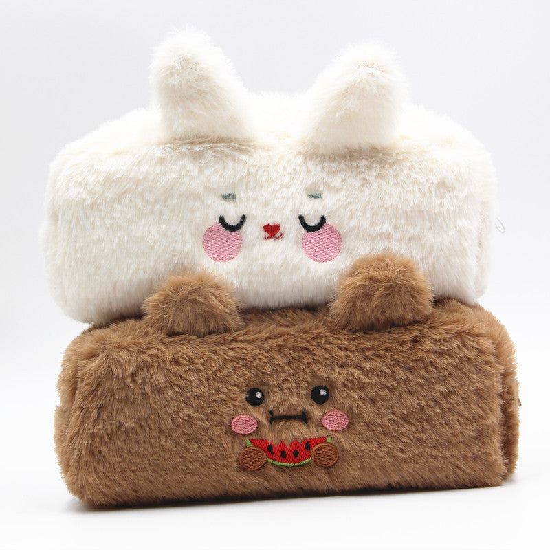 Cute Plush Rabbit & Bear Cartoon Pencil Case with Soft Fur Design