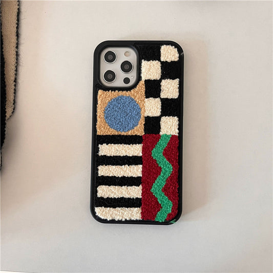 Plush Geometric Checkerboard Phone Case in Colorful Textured Design