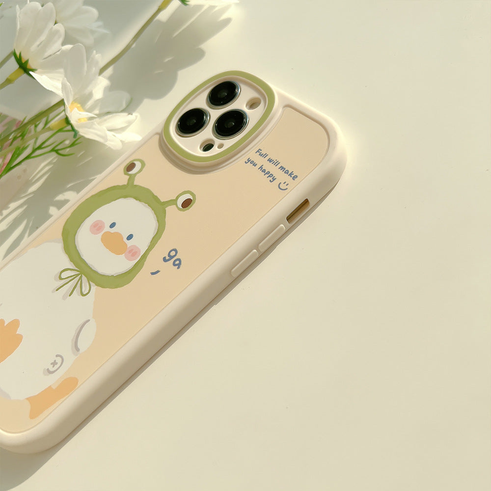 Cute White Duck Phone Case with Frog Hat Illustration & Soft Design