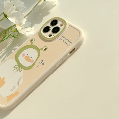 Cute White Duck Phone Case with Frog Hat Illustration & Soft Design