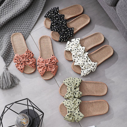 Polka Dot Bow Linen Open-Toe Non-Slip Summer Slippers for Women