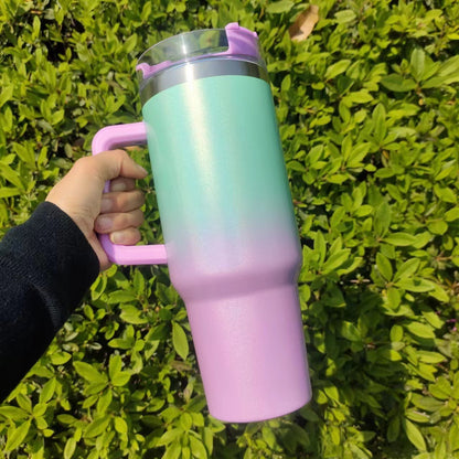 Colorful Gradient Stainless Steel Thermos Tumbler with Handle & Straw