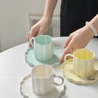 Scalloped Modern Ceramic Cup and Saucer Set in Blue, White, Yellow Color