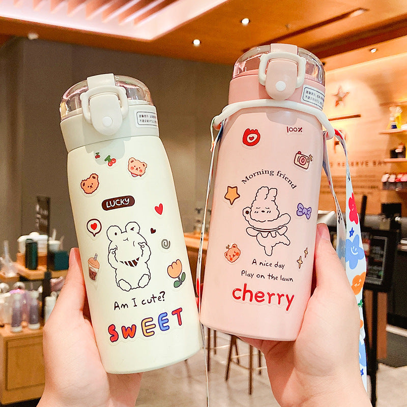 Cute Animal Designs Stainless Steel Insulated Water Bottle with Straw & Sticker