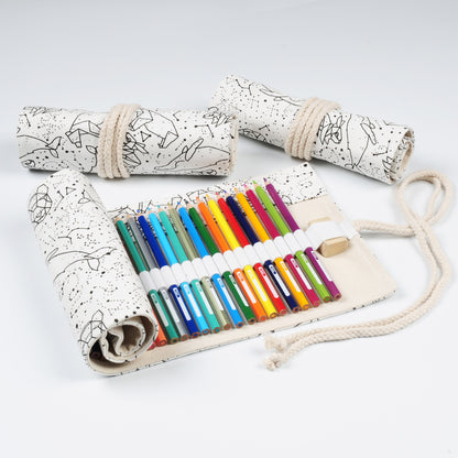 Korean Canvas Roll-Up Pencil Case - Cosmic & Minimalist Designs