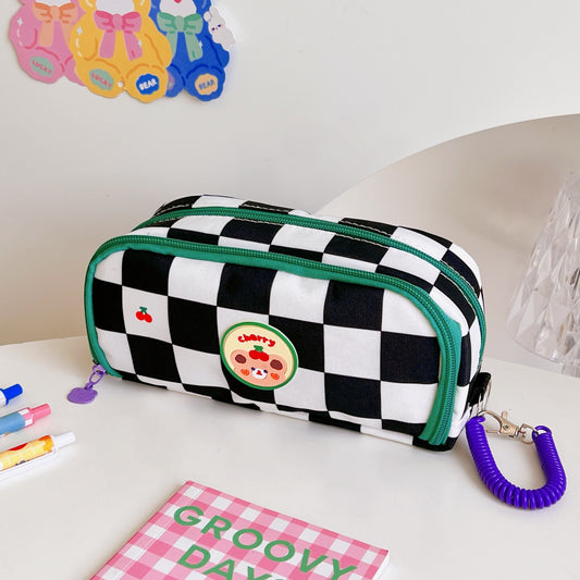 Cute Checked Japanese Cloth Pencil Case with Large Capacity & Cartoon Patches