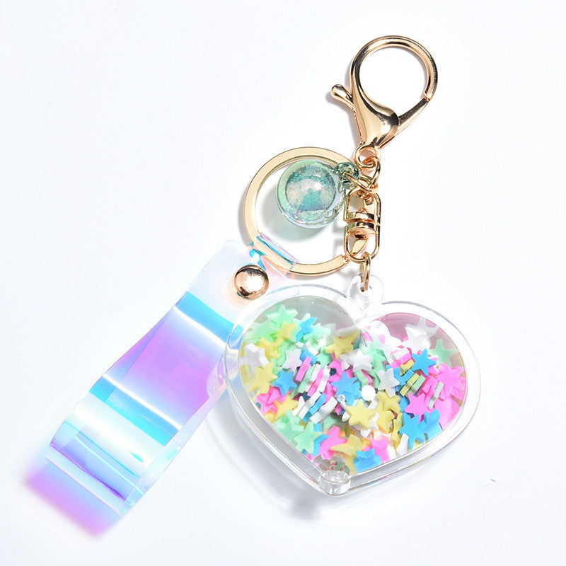 Cute Heart Keychain with Pastel Star Fill & Iridescent Strap
